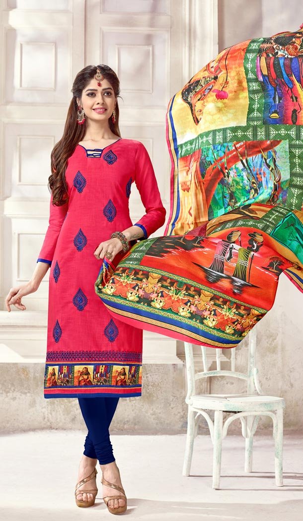 Printed Straight Cut Suit in Pink and Blue with dupatta manipuram Silk