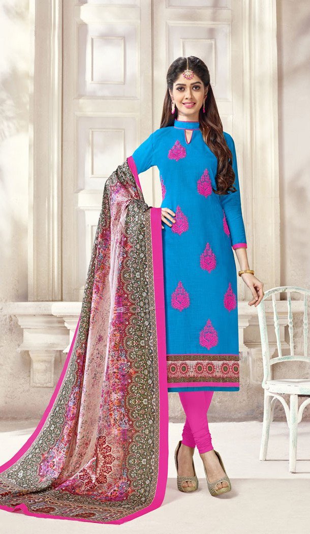 Printed Straight Cut Suit in Sky Blue and Pink - slub cotton for Top Fabric