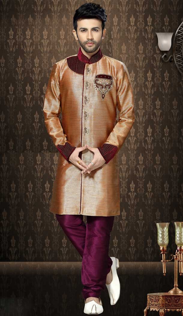 Chikoo and Wine Color Velvet, Giccha Silk Wear Mens Wedding Sherwani | FHKF13605782