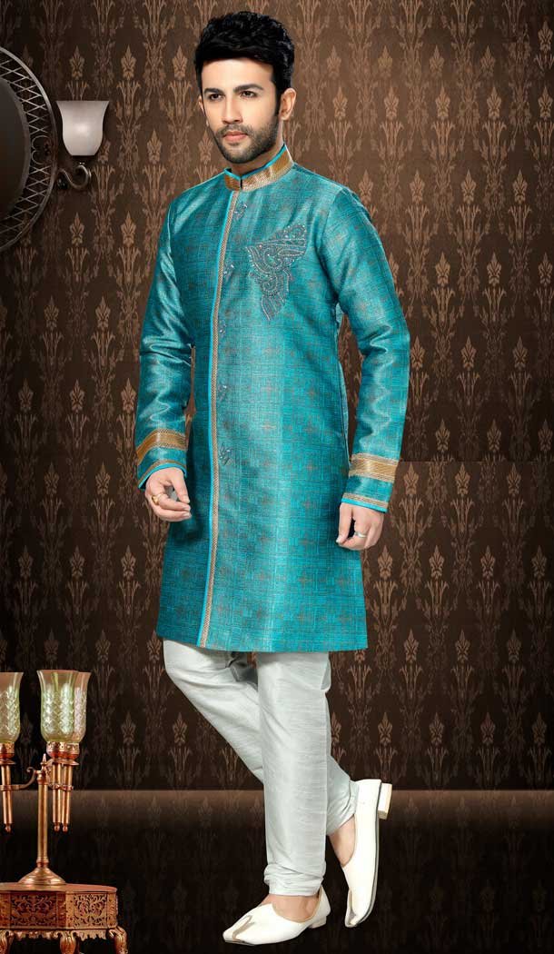 Rama and Off White Color Giccha Silk Ethnic Wear Mens Wedding Sherwani | FHKF13605783