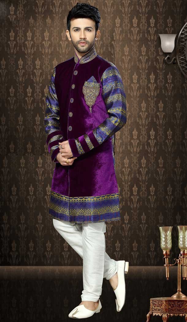 Wine & Multi Color Velvet, Jaquard Ethnic Wear Mens Wedding Sherwani | FHKF13605784