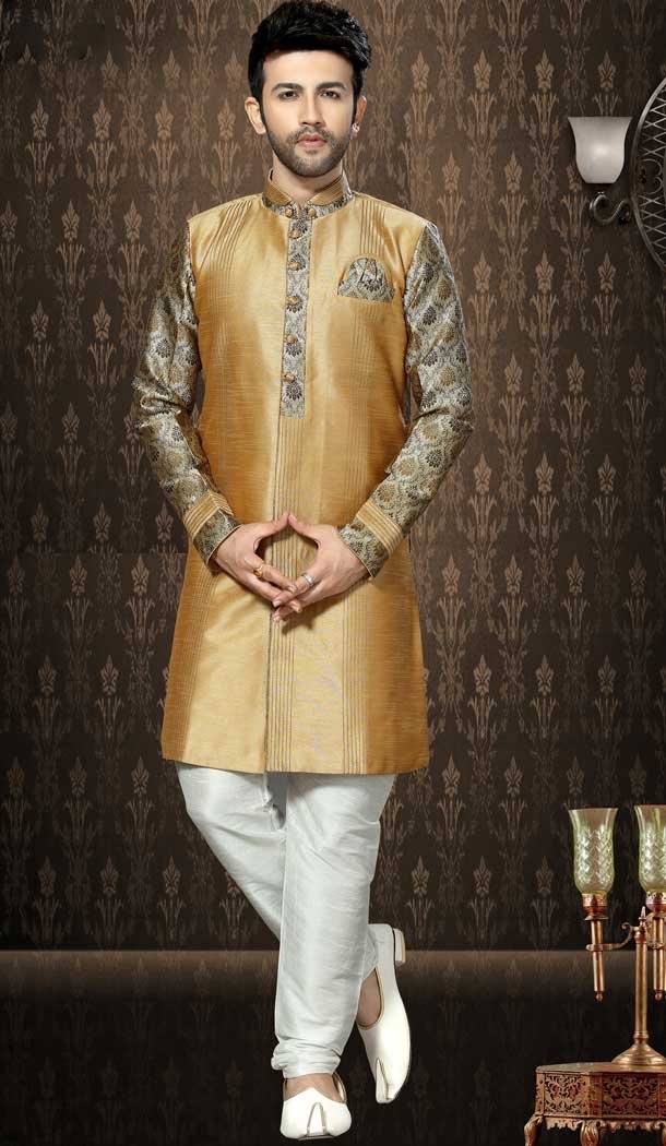 Off White and Gold Color Jacquard Ethnic Wear Mens Wedding Sherwani | FHKF13605788