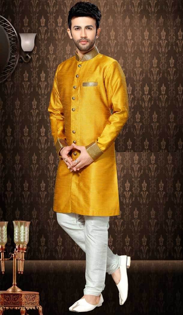 Mustard Color Giccha Silk Wear Mens Wedding Sherwani | FHKF13605789