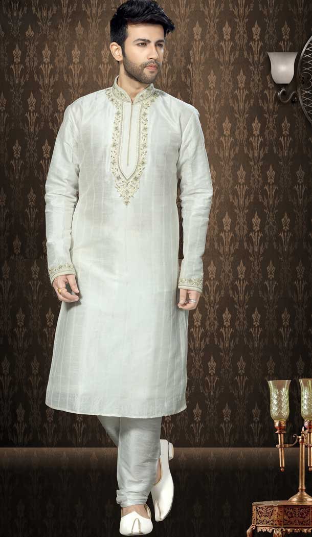 Lemon and Off White Color Art Dupion Wear Mens Wedding Sherwani | FHKF13605790