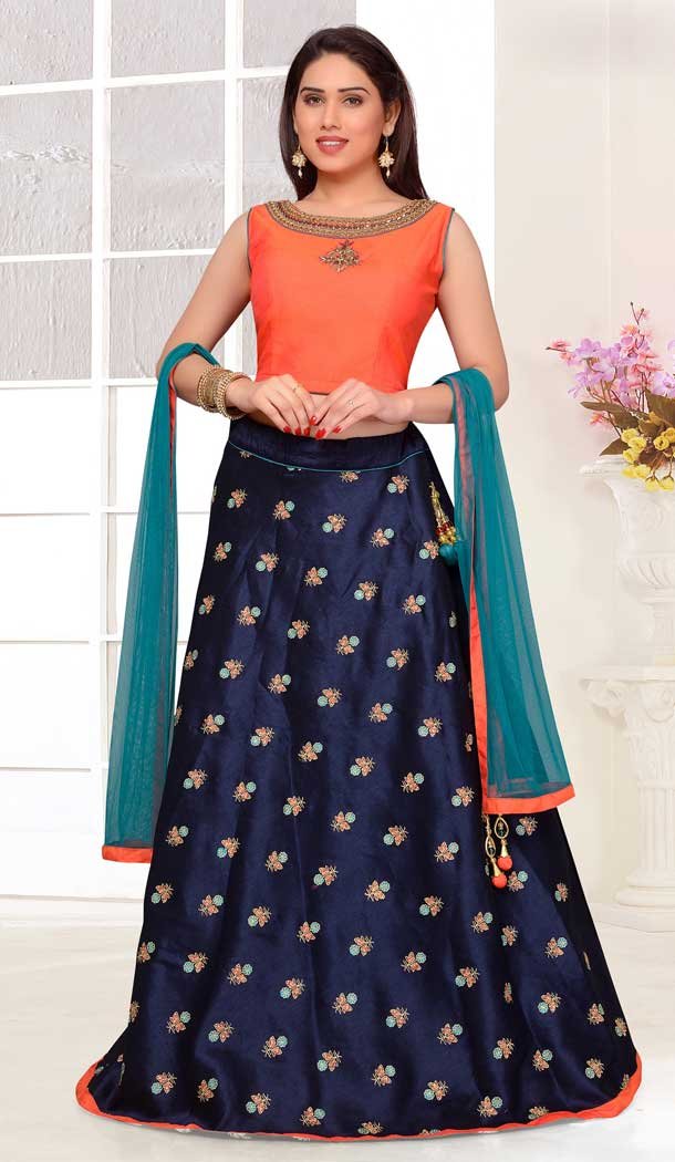 Orange and Blue Color Net with Slub Butty based Designer Party Wear Lehenga Choli | FHKF13615811