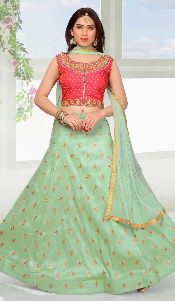 Pink and Light Green Color Net with Slub Silk based Designer Party Wear Lehenga Choli | FHKF13615814