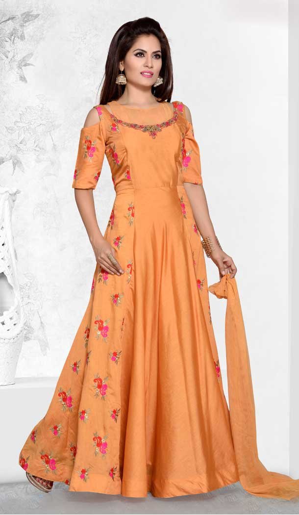 A Line Crystals Stones Work Orange Color Party Wear Sattin Cafan | FHKF13625817