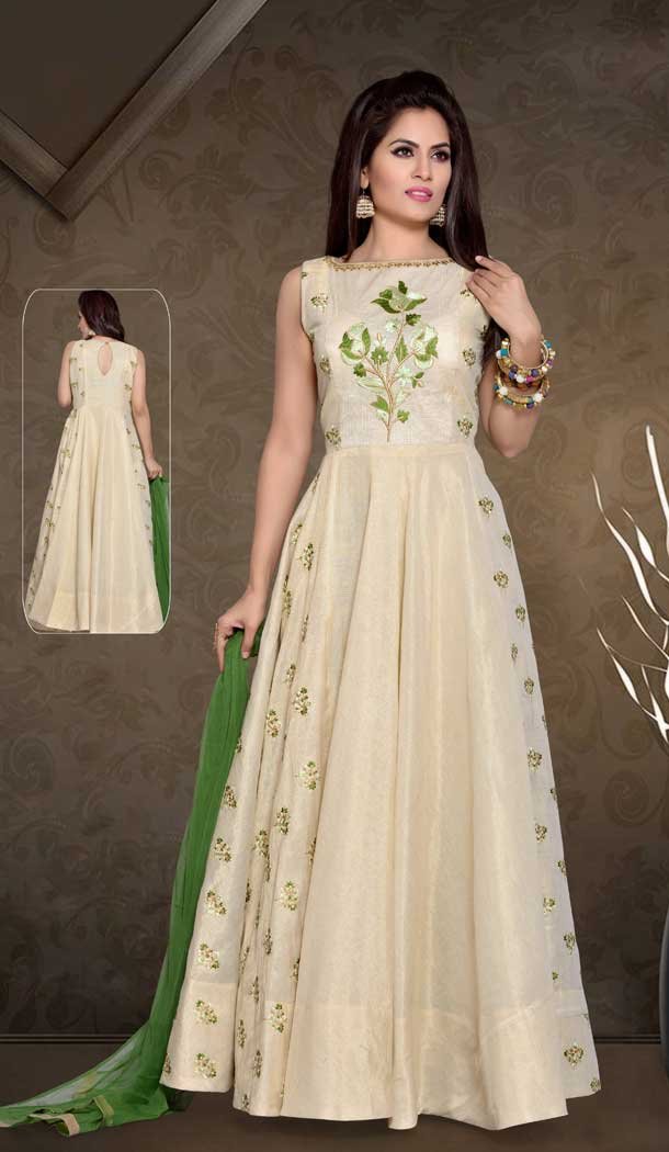 A Line Crystals Stones Work Cream Color Party Wear Cafan Silk | FHKF13625819