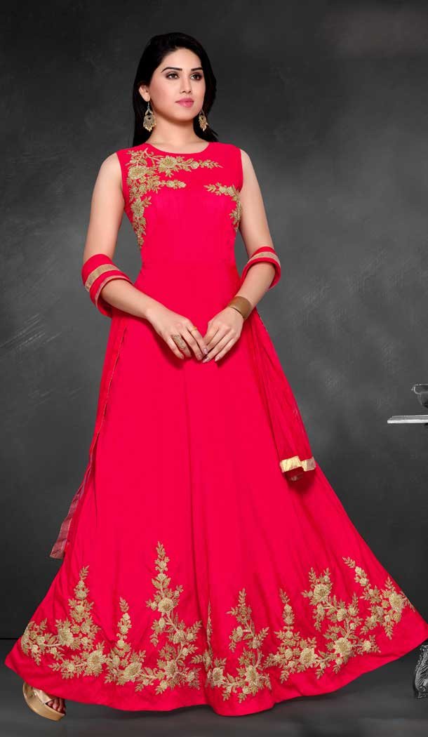 A Line Crystals Stones Work Pink Color Party Wear Slub Silk | FHKF13625824