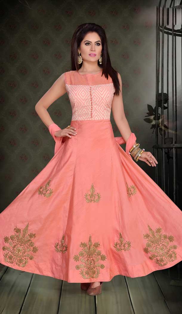 A Line Crystals Stones Work Light Orange Color Party Wear Slub Cafan | FHKF13625825