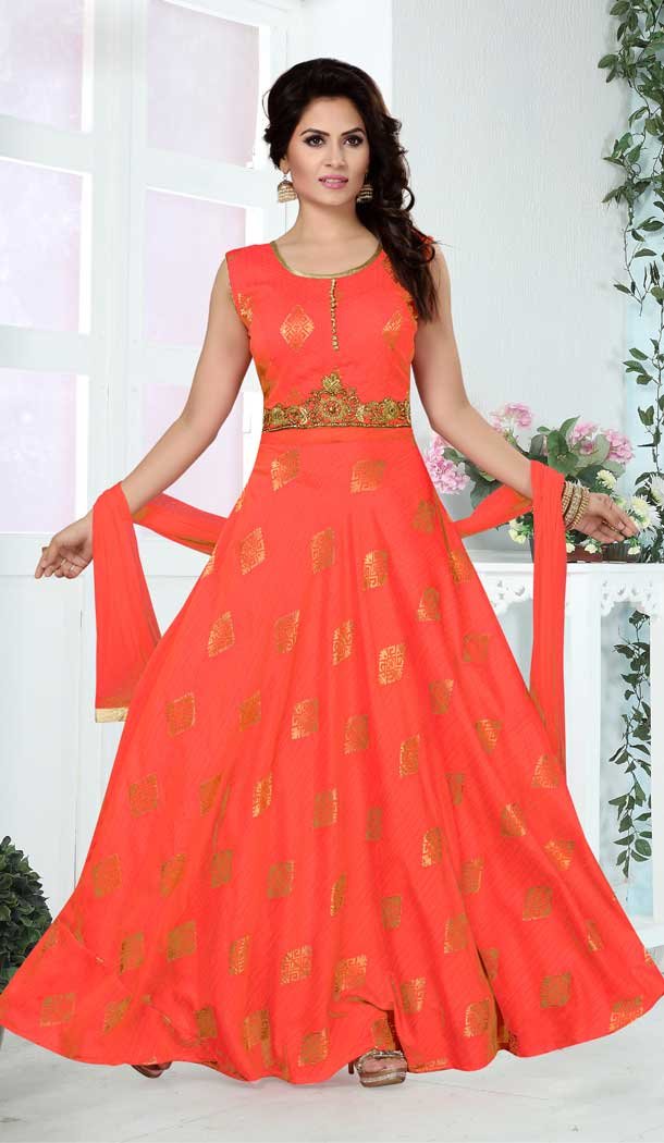A Line Crystals Stones Work Orange Color Party Wear Brocade Butti | FHKF13625826