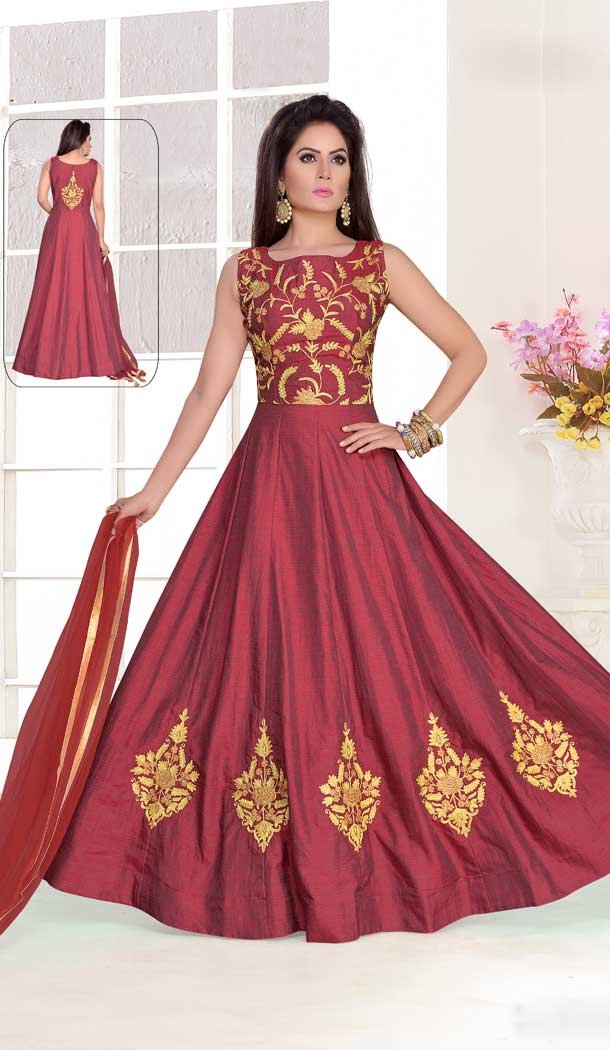 A Line Crystals Stones Work Dark Tometto Color Party Wear Slub Silk | FHKF13625827