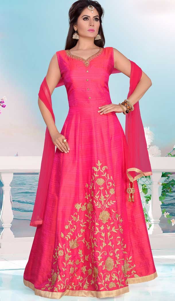 A Line Crystals Stones Work Pink Color Party Wear Slub Silk | FHKF13625828