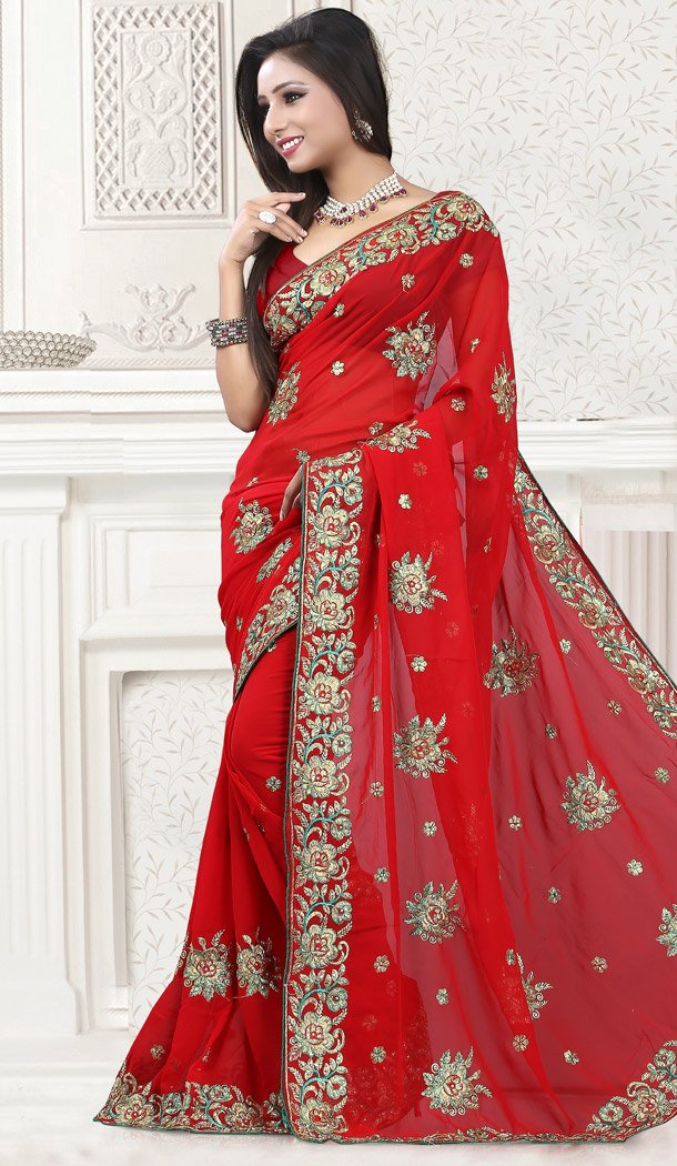 Cute Embroidered Pallu Saree in Deep Scarlet Color -507661090