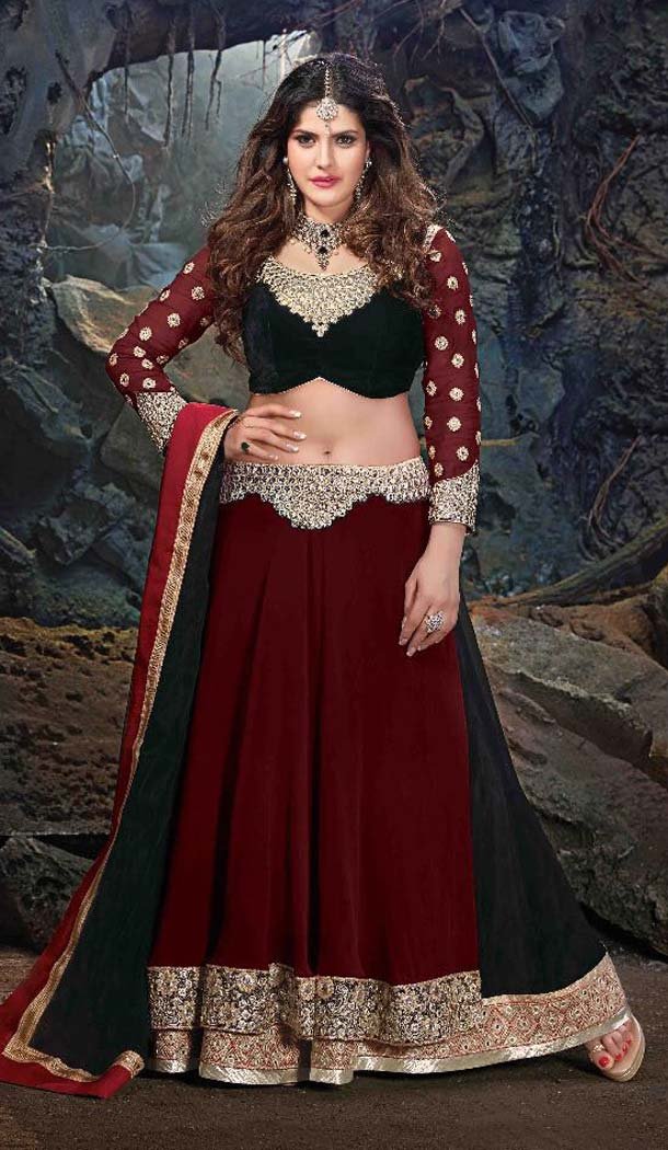 Bollywood Actress Zarine Khan Black color and Net fab A Line Style Lehenga FH381762797