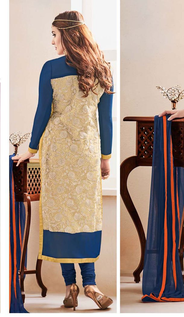 Neha Sharma ! Churidar Style Salwar Kameez in Blue and Dark Cream Color | FH386863432 Neha Sharma ! Churidar Style Salwar Kameez in Blue and Dark Cream Color | FH386863432