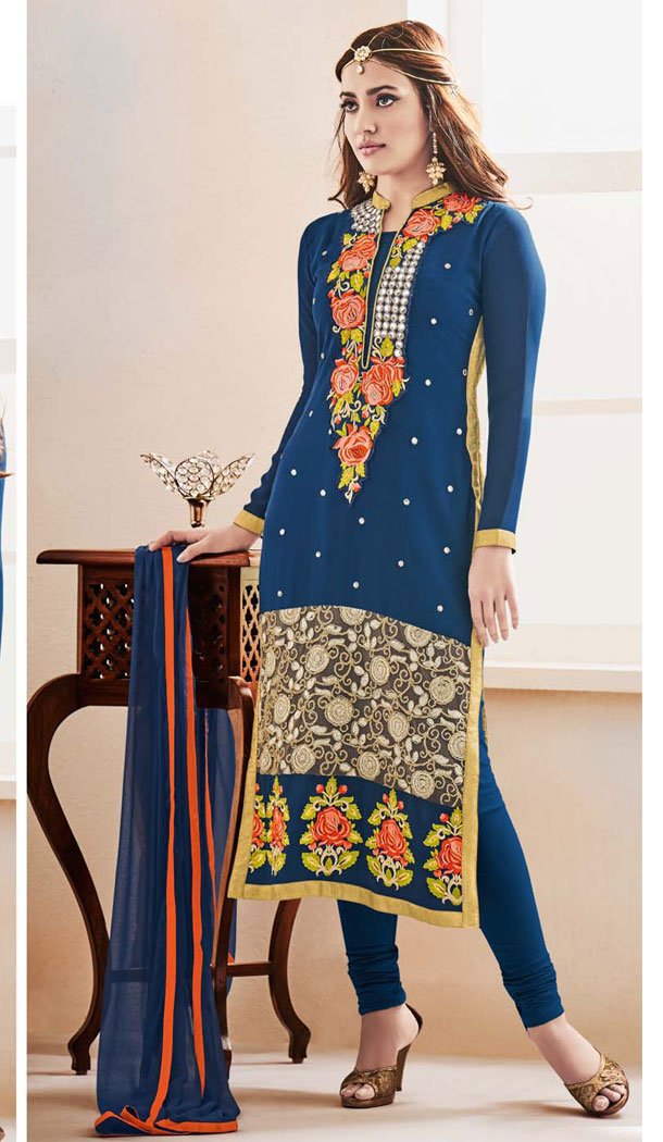 Neha Sharma ! Churidar Style Salwar Kameez in Blue and Dark Cream Color | FH386863432 Neha Sharma ! Churidar Style Salwar Kameez in Blue and Dark Cream Color | FH386863432