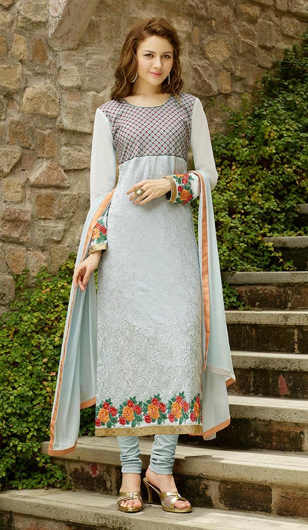 Women Dove Georgette Embroidered Churidar Suit | FH396064533