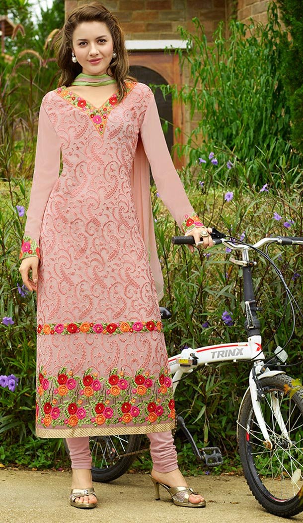 Women Salmon Georgette Embroidered Churidar Suit | FH396064534