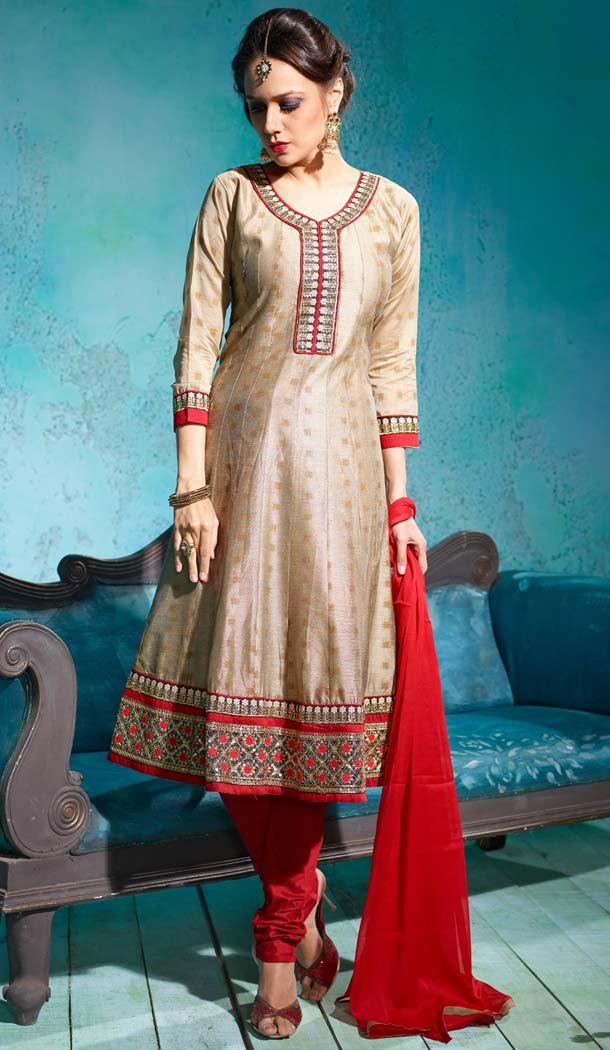 Embroidered Cream Color Chanderi Silk Anarkali Readymade Suits | FH401065115