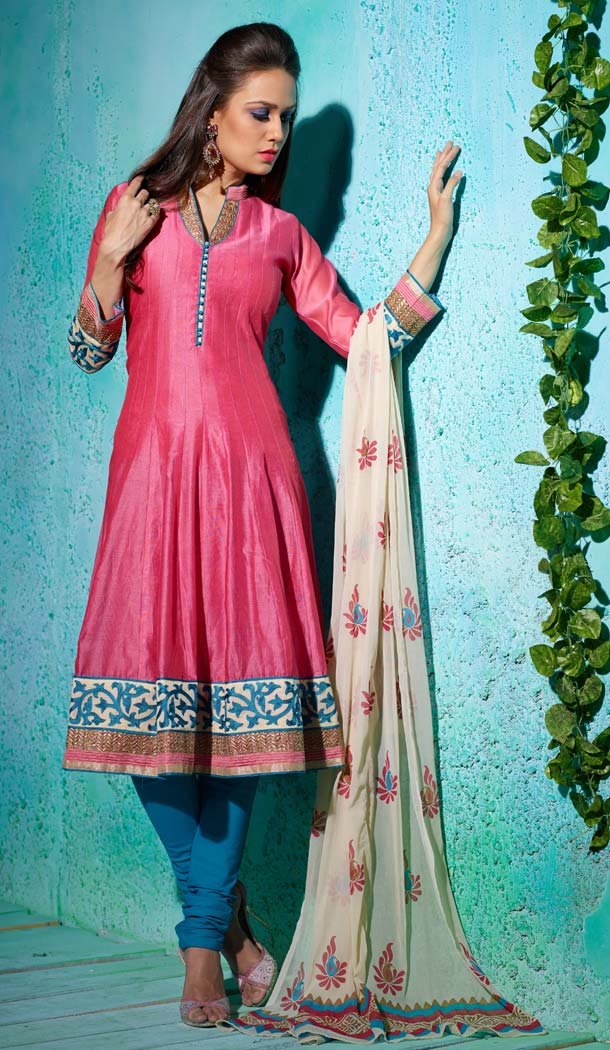 Embroidered Salmon Color Chanderi Silk Anarkali Readymade Suits | FH401065117