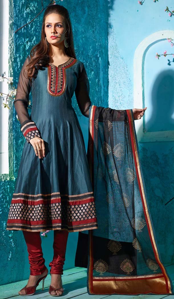 Embroidered Slate Gray Color Chanderi Silk Anarkali Readymade Suits | FH401065120