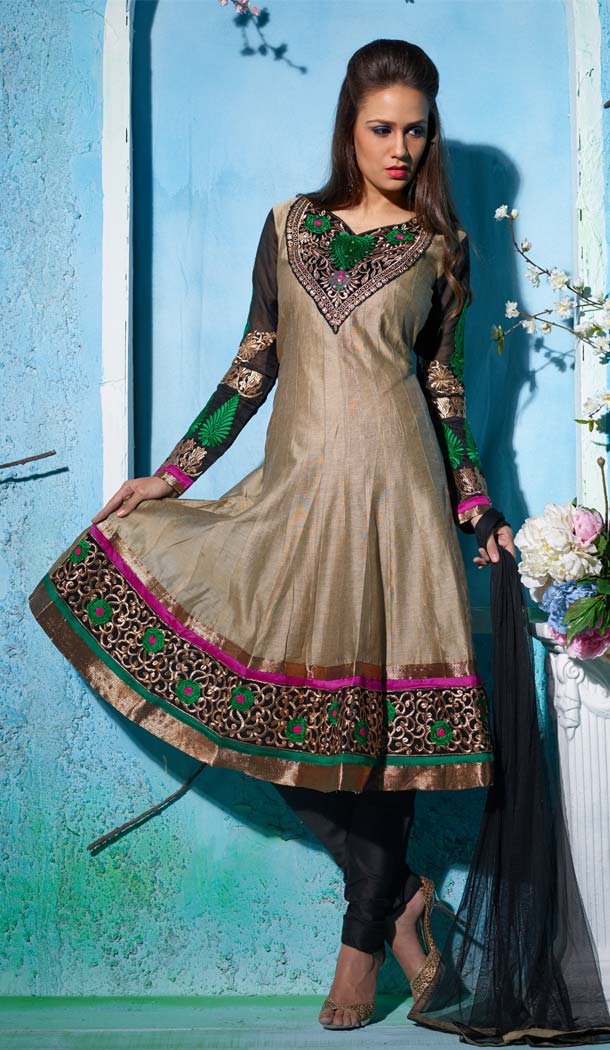 Embroidered Tan Brown Color Chanderi Silk Anarkali Readymade Suits | FH401065123