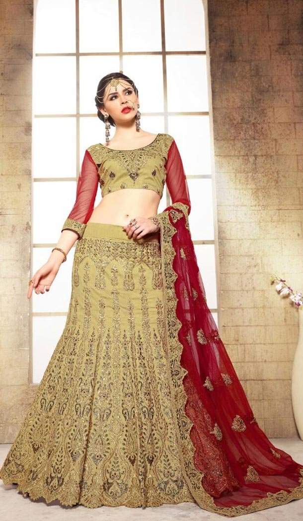 Bridal Lehenga Online Shopping in Tan Brown and Dupioni Raw Silk | FH403365329