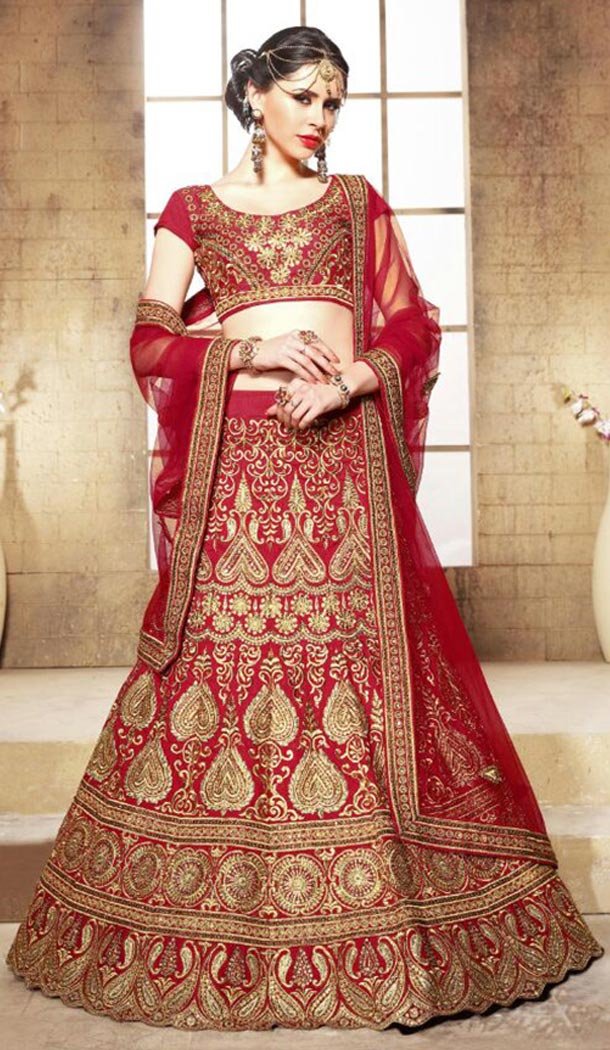 Bridal Lehenga Online Shopping in Dupioni Raw Silk and Red | FH403365330