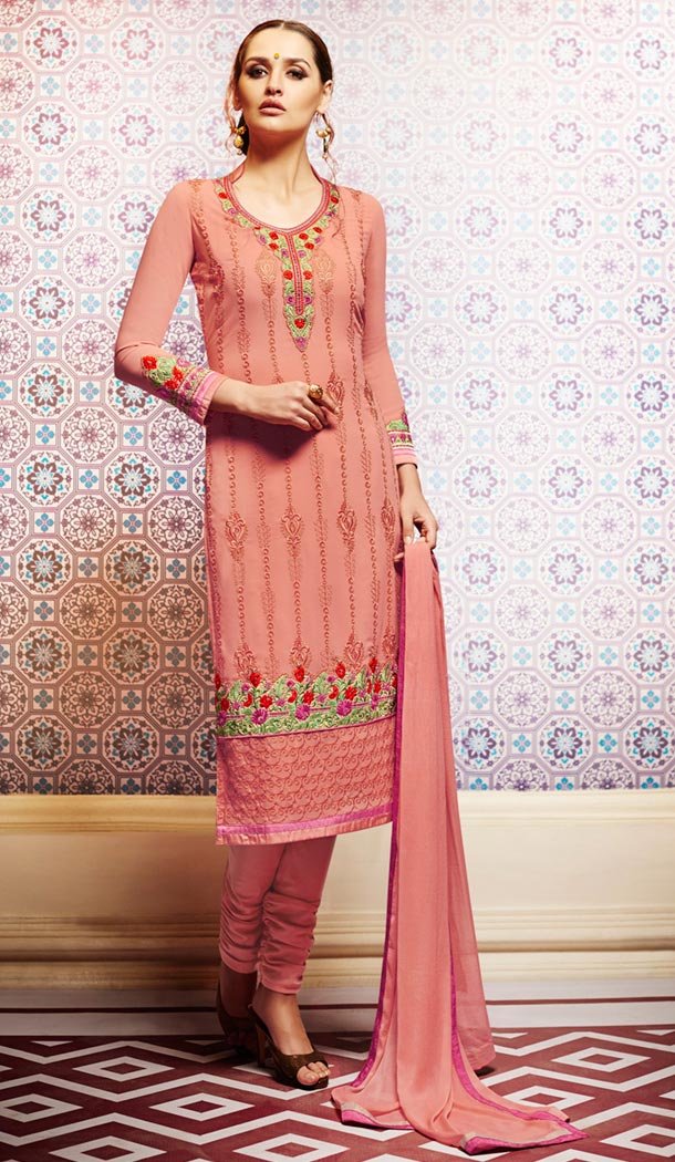 Salmon Georgette Churidar Kameez Online Shopping | FH407165727