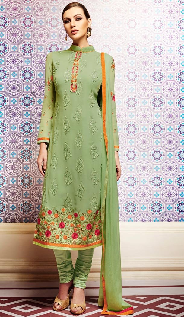 Aloe Vera Green Georgette Churidar Kameez Online Shopping | FH407165728