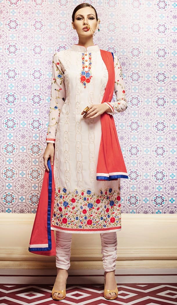 Off White Georgette Churidar Kameez Online Shopping | FH407165730