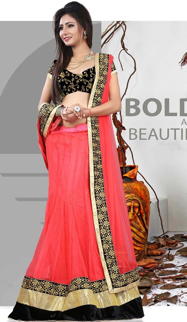 Women's Pretty A Line Lehenga Style in Coral With Resham Work Dupatta | FH412866522