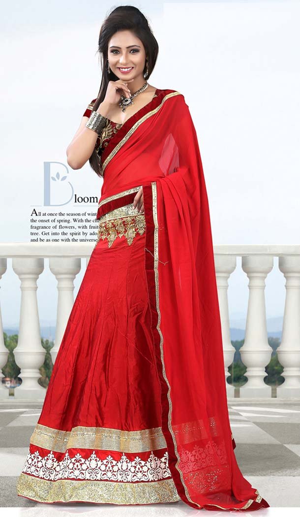 Women's Silk Fabric Crimson Pretty Lehenga Choli With Lace Work Dupatta | FH412866524