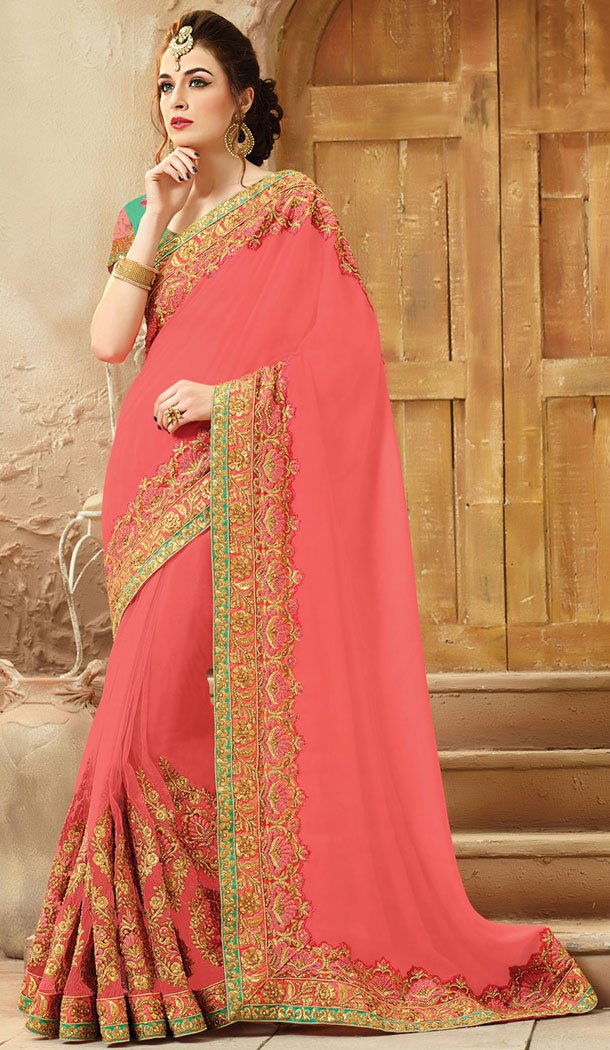 Coral Net,Viscose Satin Designers Wedding Bridal Sarees with Stitched Blouse | FH418967141