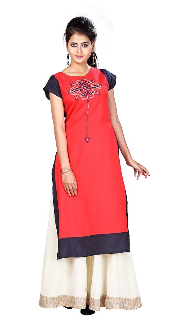 Coral Color Cotton Fabric Latest Readymade Kurtis Online | FH424267720