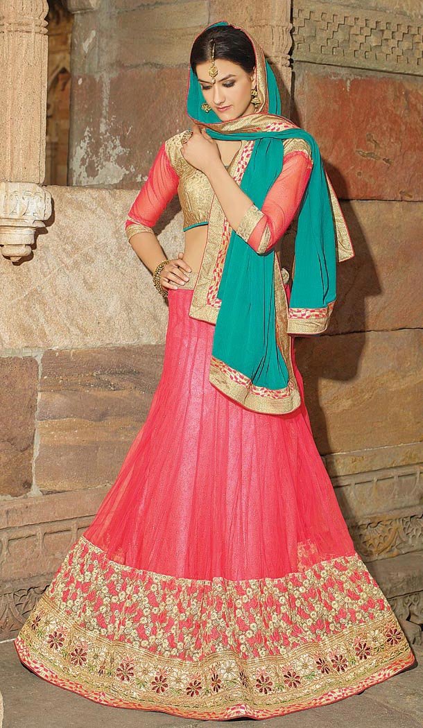 Salmon Color Net Circular Style Lehenga Choli | FH424667647