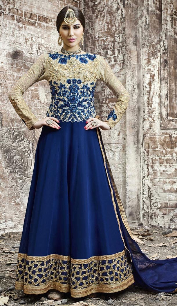 Navy Blue Fabric Georgette Pakistani Designer Long Salwar Kameez | FH426367995