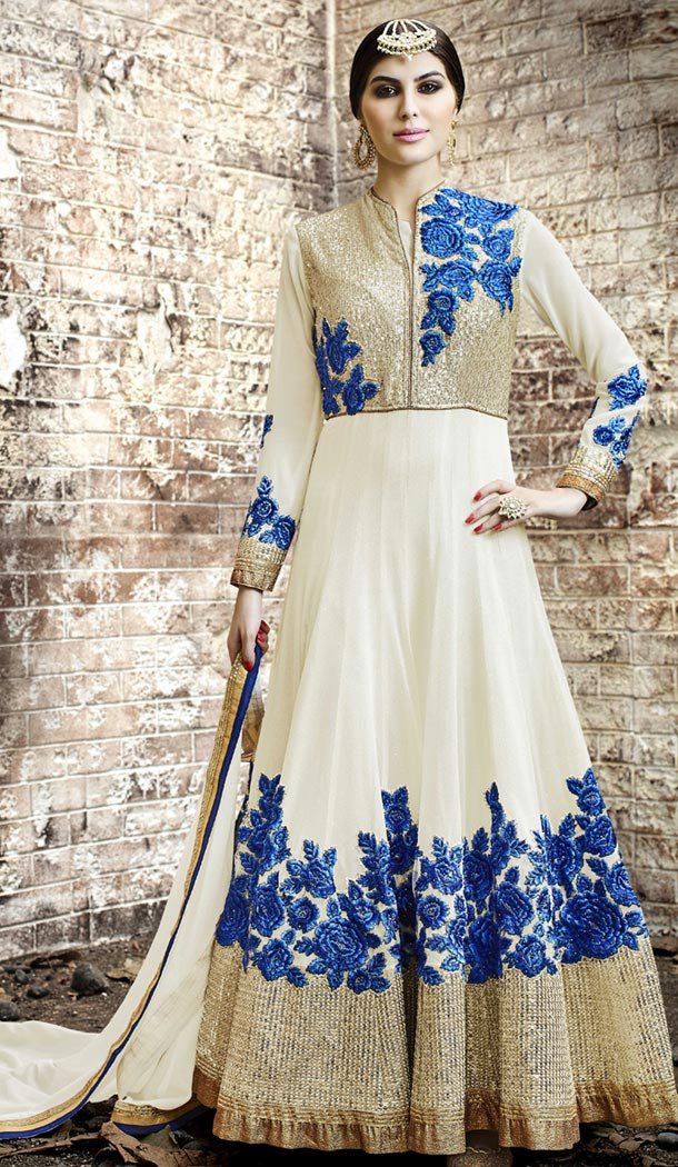 Cream Fabric Georgette Pakistani Designer Long Salwar Kameez | FH426367998