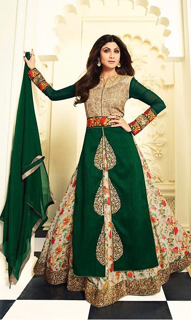 Bottle Green Color Bollywood Actress Shilpa Shetty Long Anarkali Salwar kameez | FH426468002
