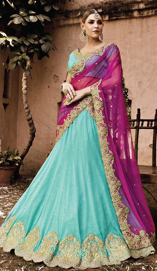 Shop Georgette Turquoise Indian Designer Bridal Wedding Lehenga Choli Online | FH428968256