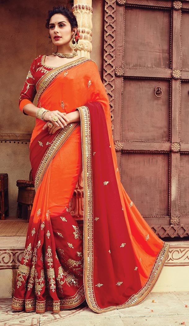 Indian Traditional Georgette,Net and Orange Sarees Online Shopping | FH429768343