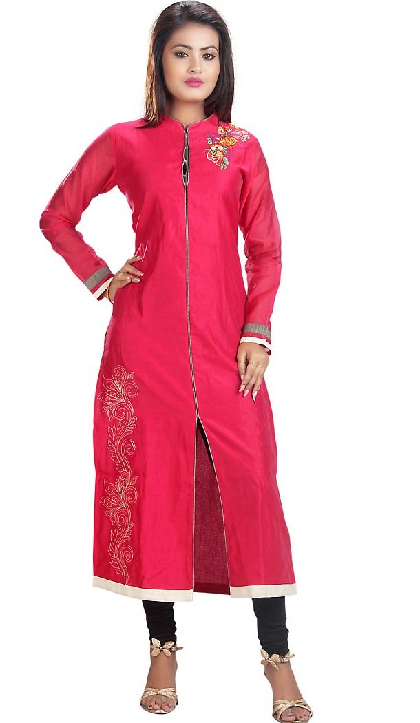 Deep Pink Chanderi Silk Achkan Readymade Kurti  | FH431268537