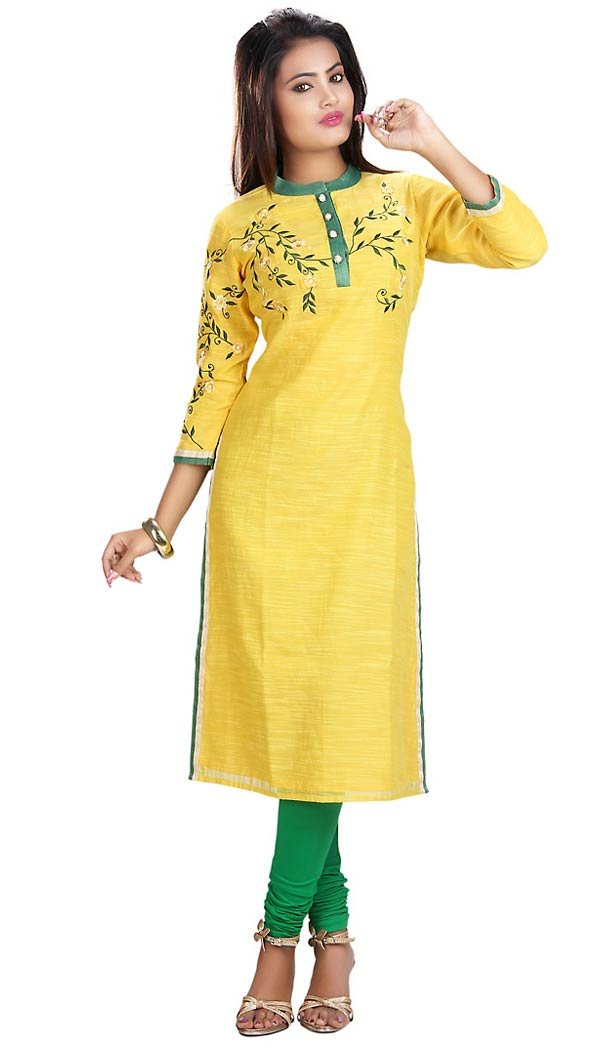 Yellow Chanderi Silk Straight Readymade Kurti  | FH431268547