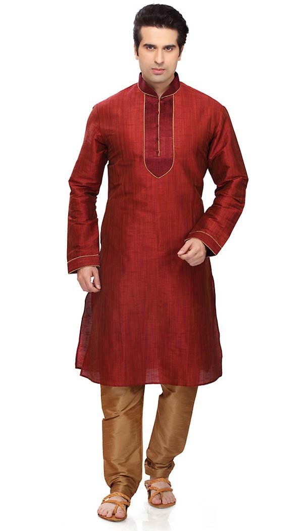 Brick Red Color Art Silk Formal Wear Men's Readymade Kurta Pajama | FH431768574