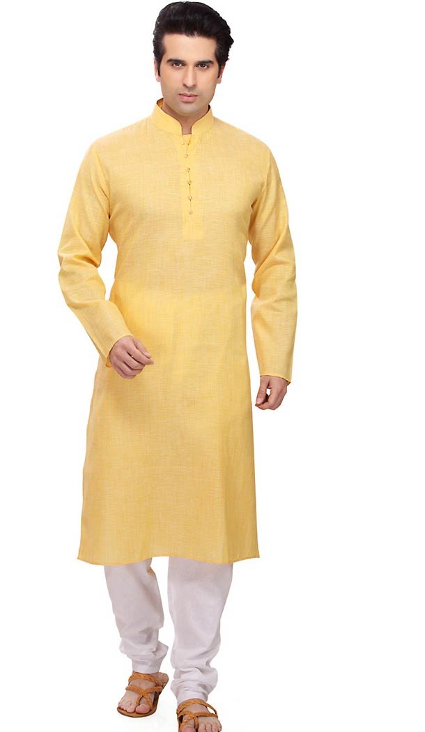 Yellow Color Cotton Formal Wear Men's Readymade Kurta Pajama | FH431768582
