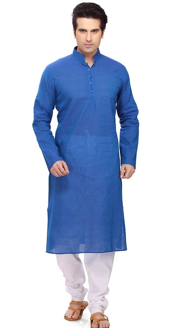 Blue Color Cotton Formal Wear Men's Readymade Kurta Pajama | FH431868591