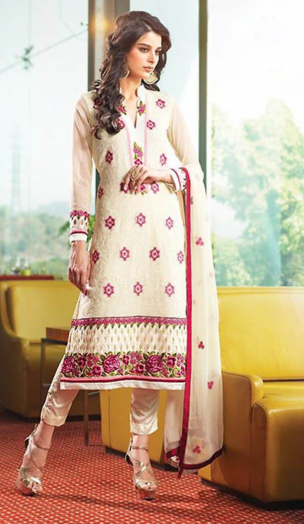 Off White Georgette Straight Cut Embroidered Stitched Narrow Pants Kameez with Dupatta  | FH432568802