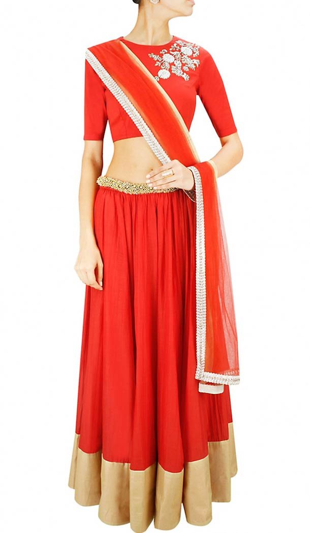 Deep Scarlet Georgette Designer Readymade Lehenga Choli Online | FH434268897