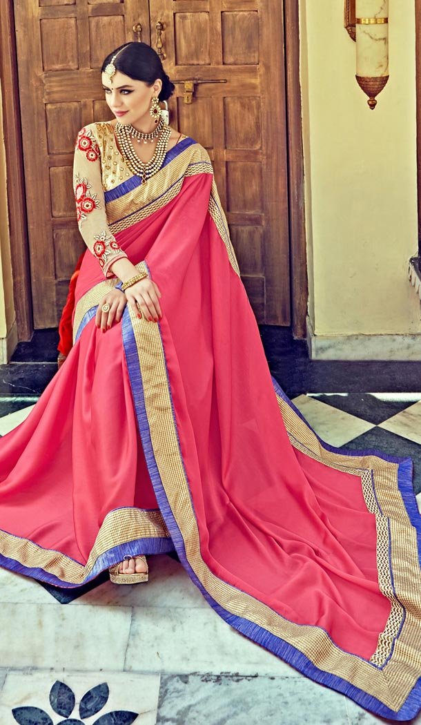 Salmon Satin Traditional Contemporary Sarees with Stitched Blouse  | FH435469030
